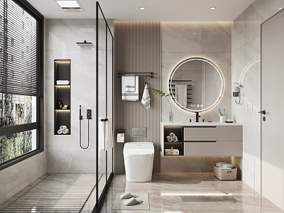 Modern Bathroom Interior Design With Round Mirror Vanity Marble Shower And Cabinets 3d model