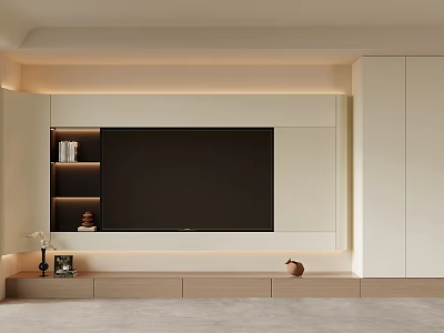 Modern Minimalist TV Wall Design With LED Strip Lights Storage Shelves And Platform Base 3d model