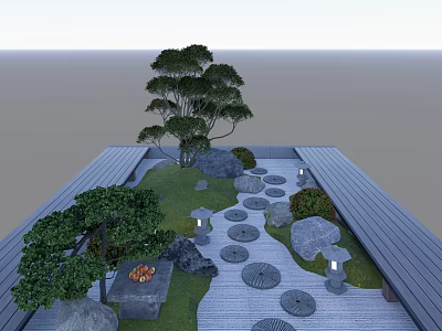 Tranquil Garden Landscape With Stone Path Trees Rocks And Lawn Lanterns 3d model