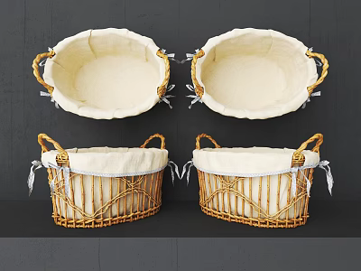 Woven Rattan Storage Baskets With Handles And White Liners For Home Organizing 3d model
