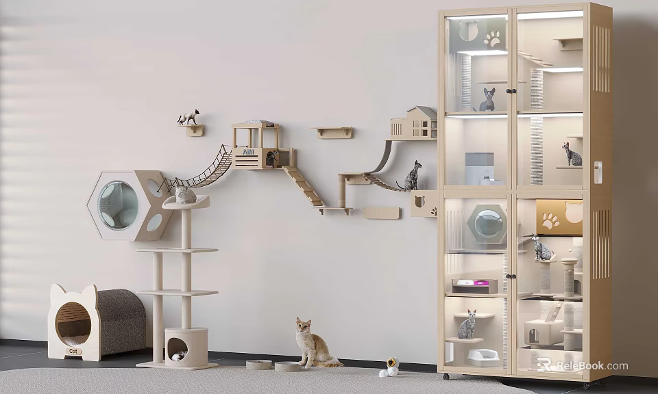 Modern Wall Mounted and Free Standing Cat Tree with Platforms Stairs and Caves 3d model 