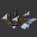 Sailing Ship Model With White Sails Golden Hull Blue Glowing Orb And Feather Decorations