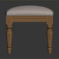 Wooden Stool With Upholstered Light Colored Fabric Seat And Carved Legs