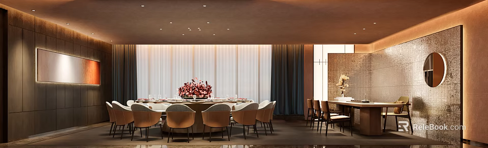 Stylish Private Dining Room Interior With Round Dining Table Floral Arrangement And Curtains 3d model 
