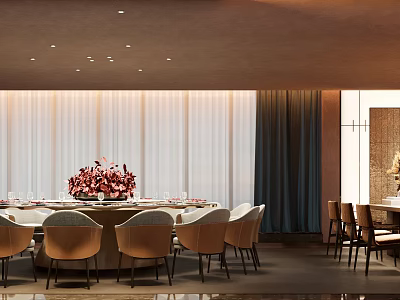Stylish Private Dining Room Interior With Round Dining Table Floral Arrangement And Curtains 3d model