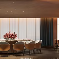 Stylish Private Dining Room Interior With Round Dining Table Floral Arrangement And Curtains