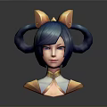 3D Anime Style Child Model With Blue Hair Double Ponytails And Golden Horn Accessories