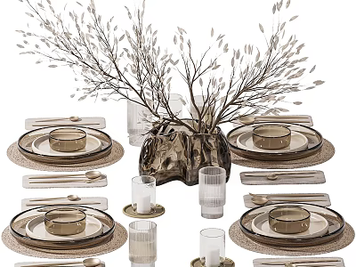 Minimalist Tableware Set With Plates Glasses Cutlery Decorative Branches And Vase 3d model