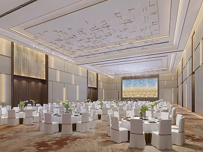 Modern Luxury Banquet Hall Interior With White Round Tables Green Floral Arrangements And Elegant Ceiling 3d model