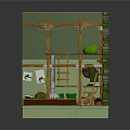 Whimsical Cartoon Room with Green Brick Wall Wooden Shelves Ladder and Mirror