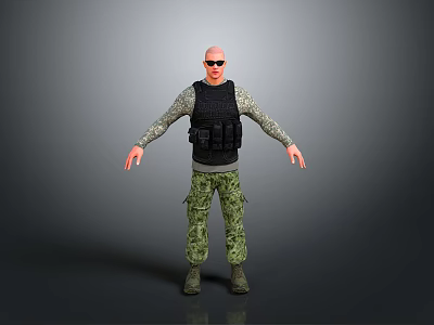 Bald Man Wearing Sunglasses Camouflage Shirt Black Tactical Vest Pants And Boots With Arms Outstretched 3d model