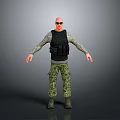 Bald Man Wearing Sunglasses Camouflage Shirt Black Tactical Vest Pants And Boots With Arms Outstretched