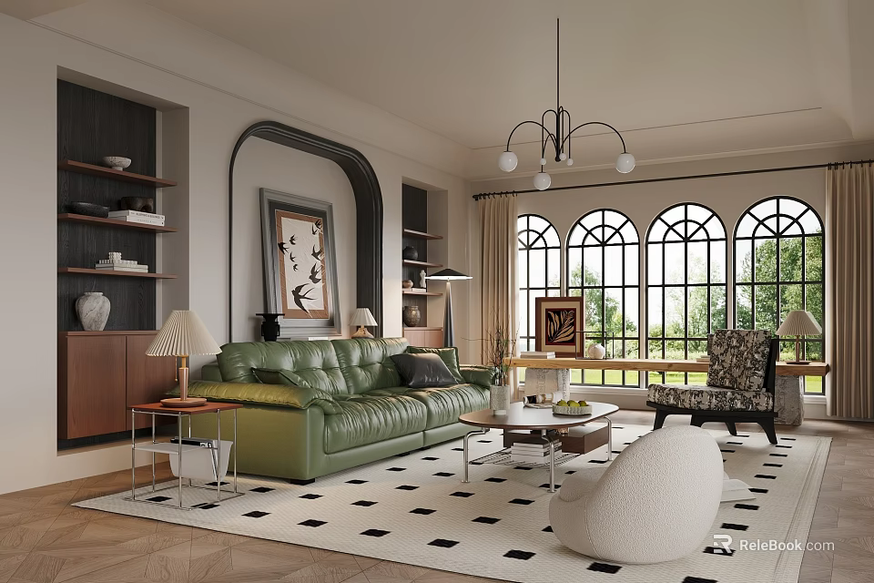 Elegant Retro Living Room Interior Design With Green Leather Sofa And Large Beautiful Arched Windows 3d model 
