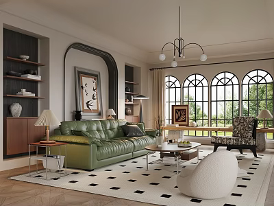 Elegant Retro Living Room Interior Design With Green Leather Sofa And Large Beautiful Arched Windows 3d model
