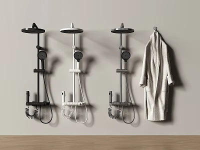 Three Black White and Gray Shower Systems on Bathroom Wall with Hanging Bathrobe 3d model