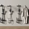 Three Black White and Gray Shower Systems on Bathroom Wall with Hanging Bathrobe