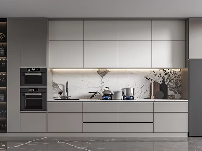 Modern Kitchen Interior With Gray Cabinets Marble Countertop And Stainless Steel Appliances 3d model