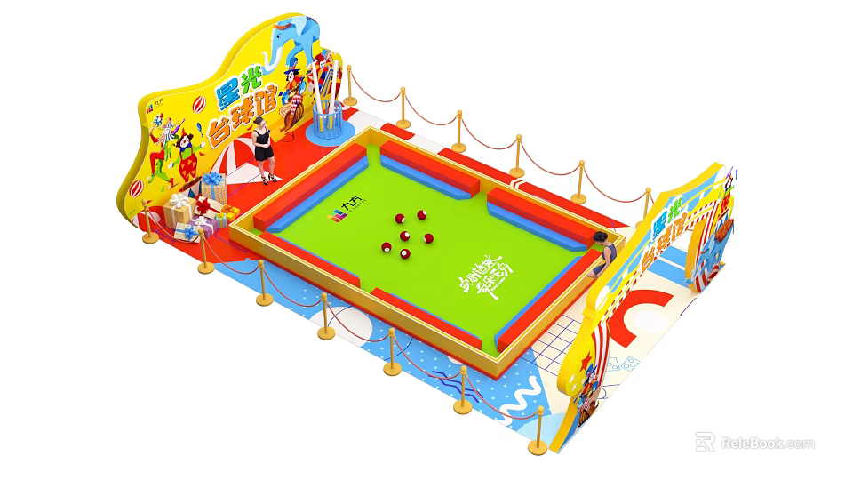 Kids Trampoline Playground With Green Surface Colorful Balls And Cartoon Decorations 3d model 