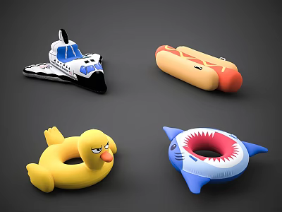 Colorful Toy Collection Featuring Space Shuttle Hot Dog Duck And Shark Floaties 3d model