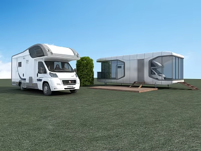 Modern Space Capsule Structure With RV And Glass Walls On Green Grassland 3d model