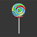 Colorful Spiral Lollipop with Bright Red Blue Green Yellow Swirls on White Stick Dark Background