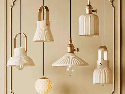 Modern White and Gold Chandeliers with Textured Shades and Spherical Designs 3d model