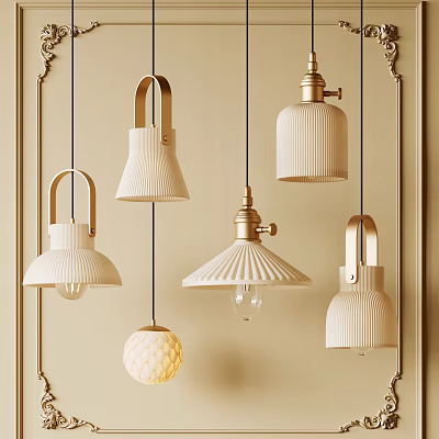 Modern White and Gold Chandeliers with Textured Shades and Spherical Designs 3d model