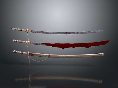Three Traditional Bladed Weapons With Wooden Handles And Red Silver Blades On 3d model