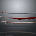 Three Traditional Bladed Weapons With Wooden Handles And Red Silver Blades On