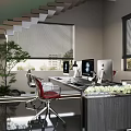 Modern Public Office Space With Work Desks Computers Chairs Green Plants Staircase And Blinds