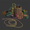 Industrial Equipment Set Including Wooden Barrel Wheelbarrow Tools Hose Gas Cylinder And Fruit Basket