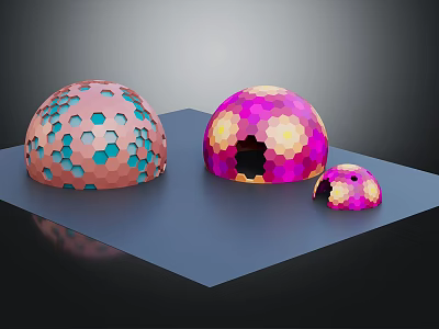 Colorful Hemispherical Structures With Hexagonal Patterns On Blue Platform 3d model