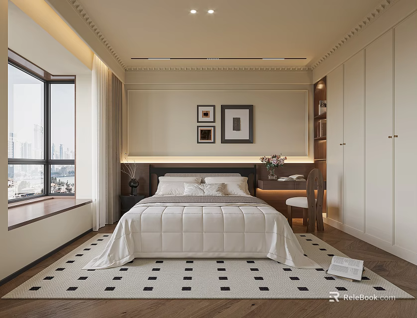 Elegant Bedroom Interior With Cozy Large Bed Window City View And Checkered Rug 3d model 