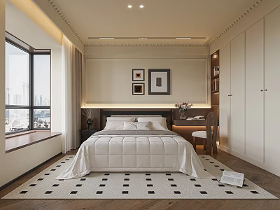 Elegant Bedroom Interior With Cozy Large Bed Window City View And Checkered Rug 3d model