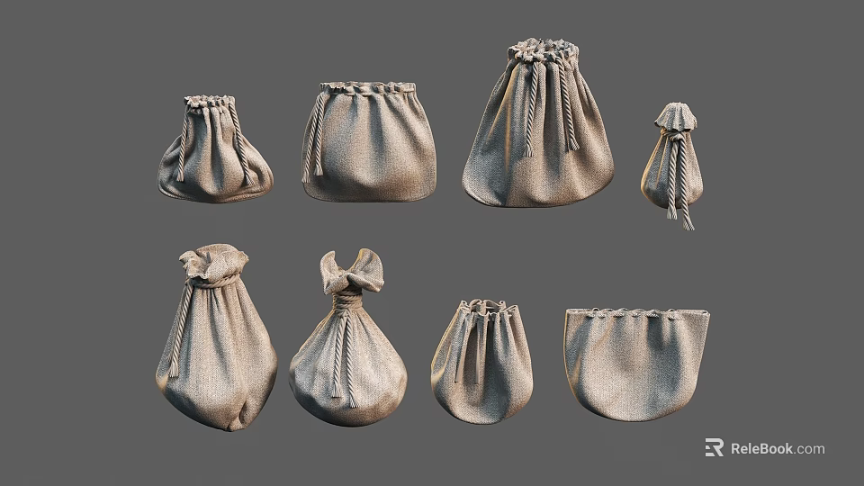 Collection Of Different Burlap Drawstring Bags In Various Sizes And Styles 3d model 