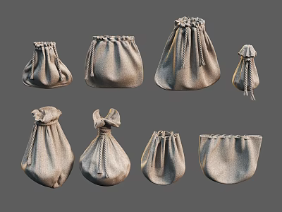 Collection Of Different Burlap Drawstring Bags In Various Sizes And Styles 3d model