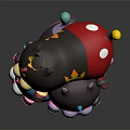 Black Crown Character Riding Pink Spotted Creature With Red Ball And Colorful Patterns
