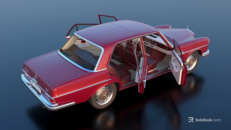 Red Vintage Classic Sedan With Open Doors Showcasing Luxurious Interior 3d model 