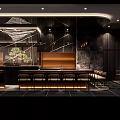 Japanese Izakaya Restaurant Interior With Open Bar Red Decorations Wooden Tables And Lighting