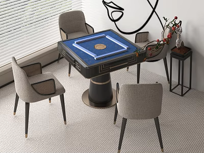 Elegant Modern Mahjong Gaming Table with Blue Top and Four Gray Chairs in Recreation Room 3d model