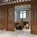 Traditional Chinese Interior Design With Wooden Structure Rockery Fountain And Red Lanterns