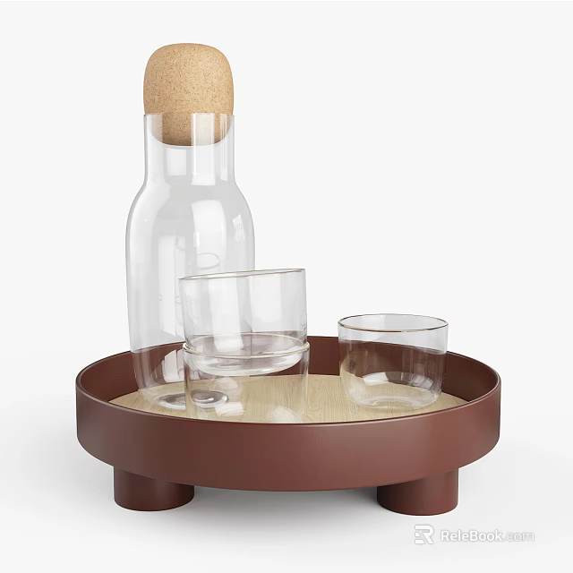 Transparent Glass Drink Bottle With Cork Stopper And Glass Cups On Brown Tray 3d model 