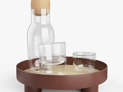 Transparent Glass Drink Bottle With Cork Stopper And Glass Cups On Brown Tray 3d model