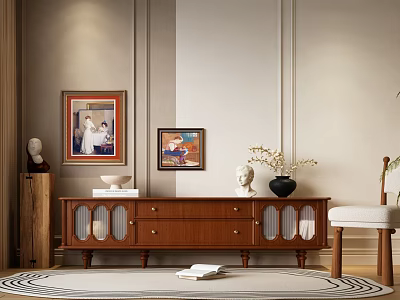 Wooden TV Stand With Drawers Glass Doors Decorative Paintings Sculptures Vase And Round Rug 3d model