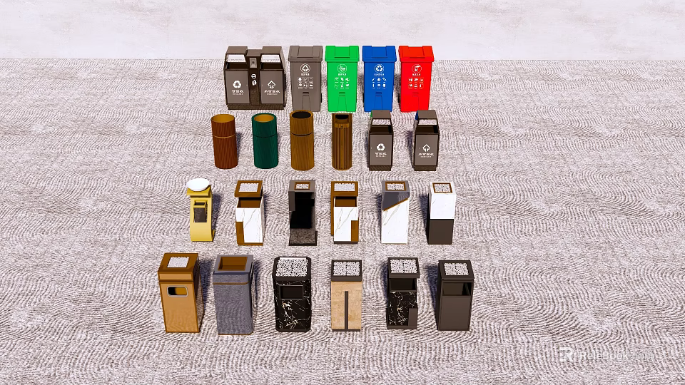 Diverse Public Facility Trash Bins With Various Colors And Styles 3d model