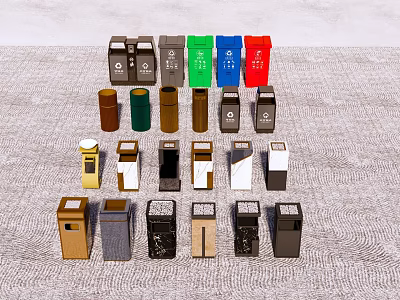 Diverse Public Facility Trash Bins With Various Colors And Styles 3d model