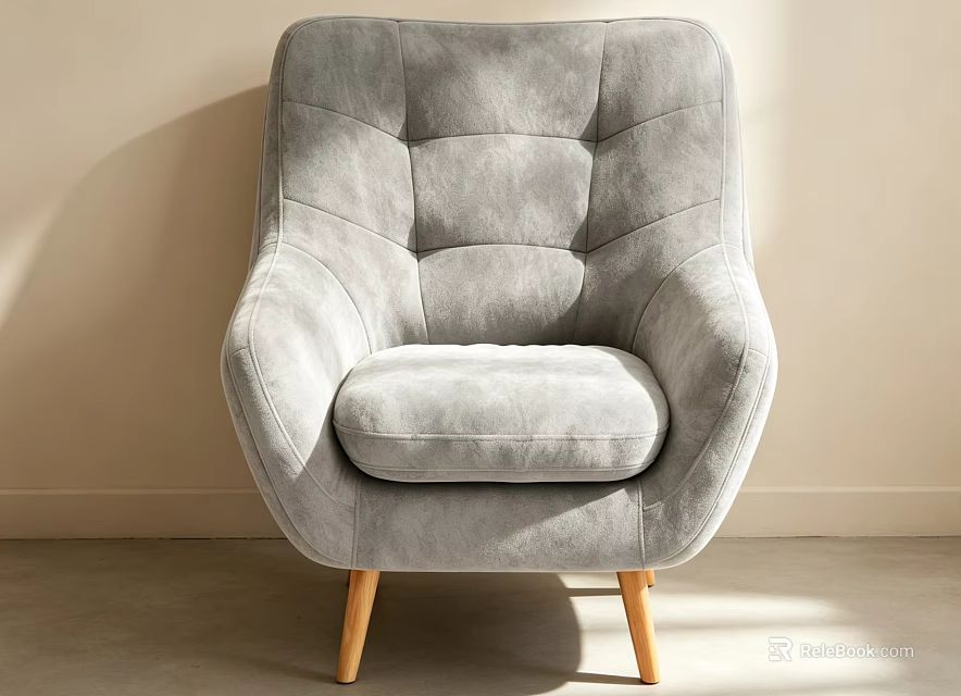 Gray Modern Armchair with Quilted Backrest Plush Cushion on Wooden Legs 3d model 