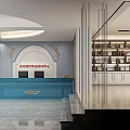 Modern Rehabilitation Training Center Lobby With Blue Front Desk And Bookshelves