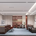 Modern Office Interior Design With Workstation Leather Sofa Wooden Bookshelves And Recessed Lighting