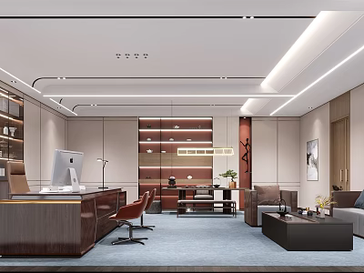 Modern Office Interior Design With Workstation Leather Sofa Wooden Bookshelves And Recessed Lighting 3d model